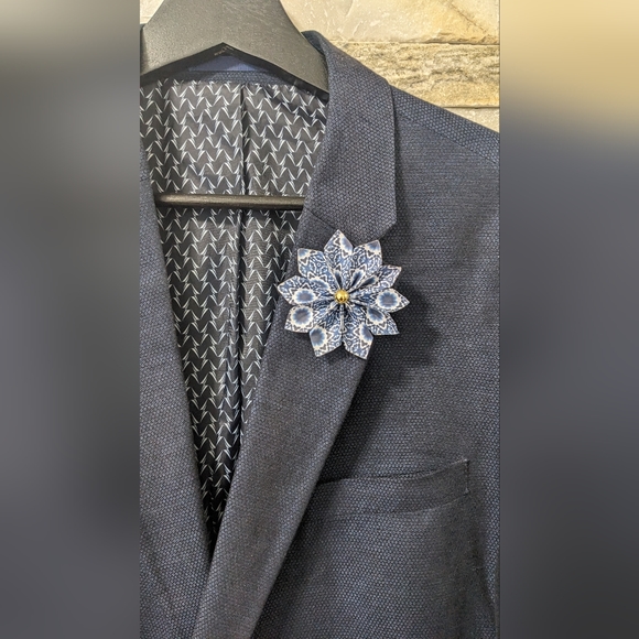 Blue Hand Folded Paper Flower Lapel in peacock-esque paper design - Picture 7 of 7